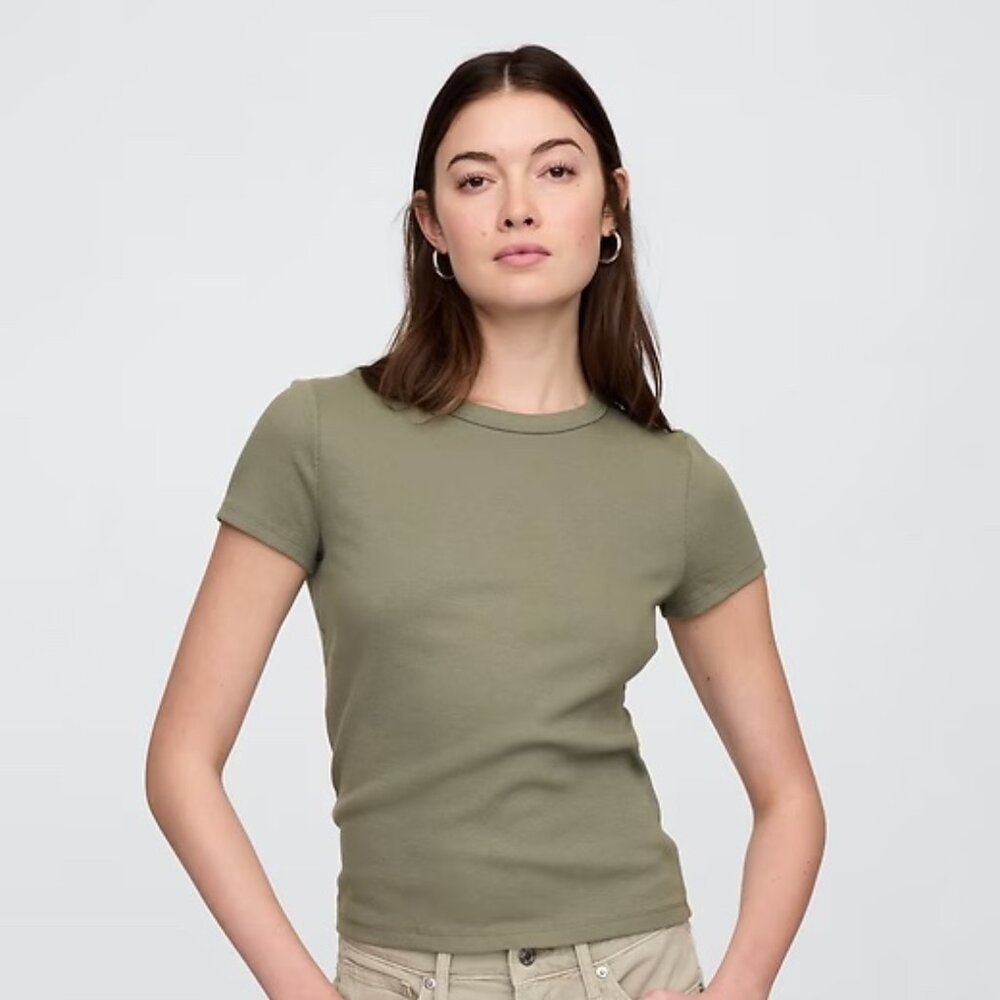 GAP Ribbed Crewneck T-Shirt Mesculine Green Short Sleeves Size S - Picture 8 of 11